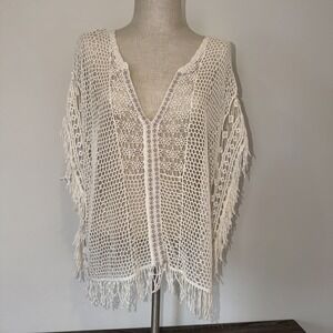 Maurices Women's Medium Cream Crochet Tunic V Neck Trim Fringe Boho Hippy Cover